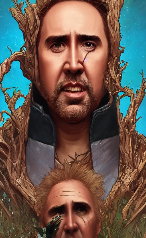 Prompt: nicolas cage as groot , highly detailed, digital painting, artstation, concept art, smooth, sharp focus, illustration, art by artgerm and alphonse mucha, high definition digital art, in the style of ilya kuvshinov and Ross tran