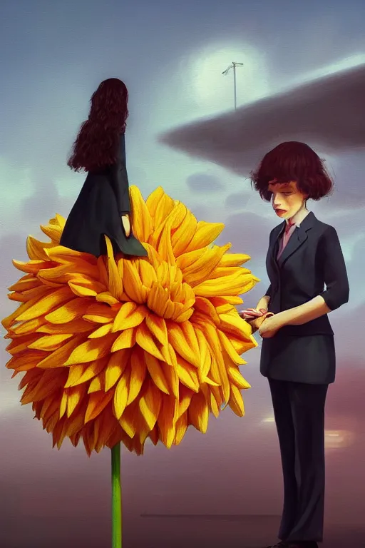 Image similar to closeup giant dahlia flower head, girl in a suit, standing in street, surreal photography, sunrise, dramatic light, impressionist painting, digital painting, artstation, simon stalenhag