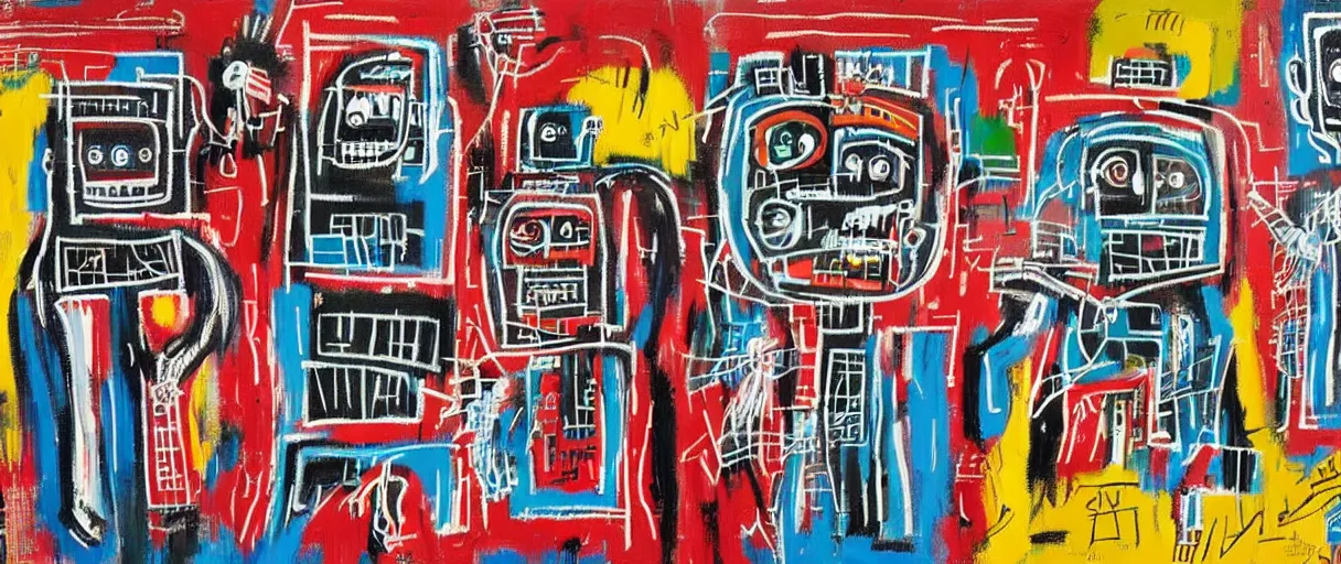 Prompt: robots in the style of jean - michel basquiat