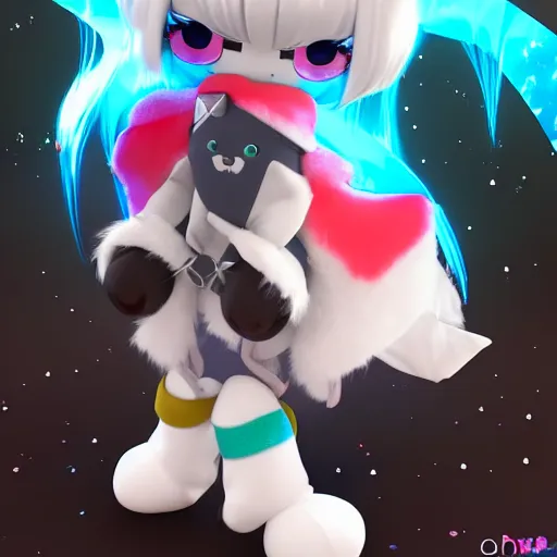 Image similar to cute fumo plush of a popstar fox girl, anime girl, idol, tomboy, artstation, bubblegum pop, black and white, snowing, vray