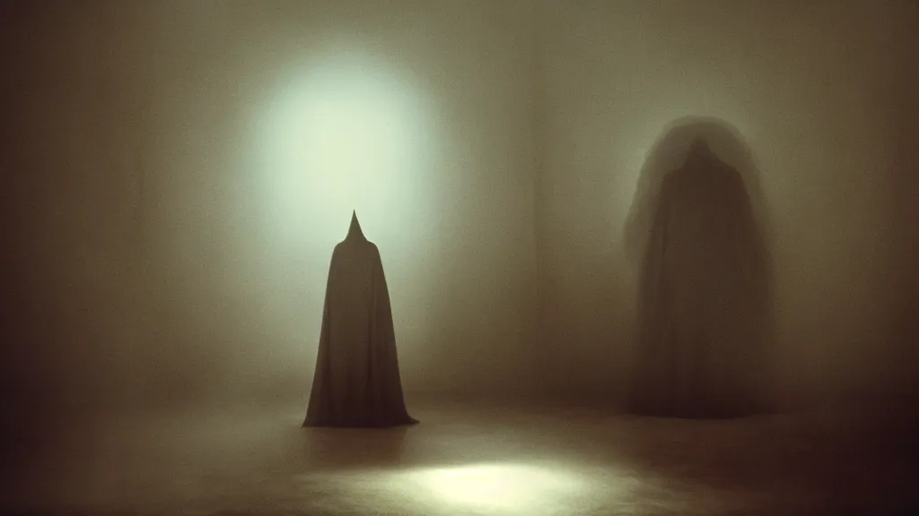 Image similar to a strange floating blob of mist wearing a large creepy jester mask floating in the living room, film still from the movie directed by denis villeneuve with art direction by zdzisław beksinski, wide lens