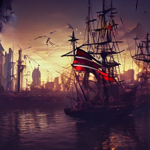 Image similar to high quality photo of a pirate ship in a cyberpunk cyberpunk cyberpunk city, realism, 8k, award winning photo