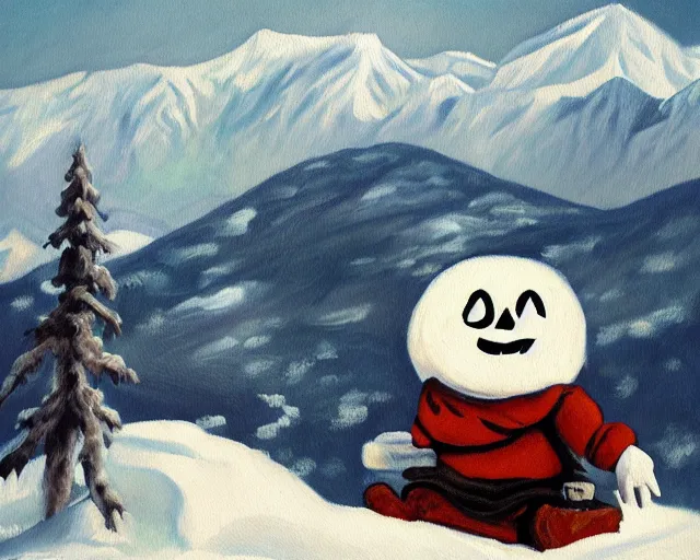 Image similar to oil painting of sans sitting in a mountain during winter