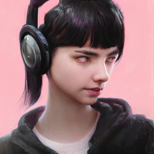 Image similar to a girl with pink and black hair wearing earmuffs and with bionic eyes, digital art, 8 k resolution, unreal engine, highly detailed, very detailed eyes, photorealistic by wlop, greg rutkowski