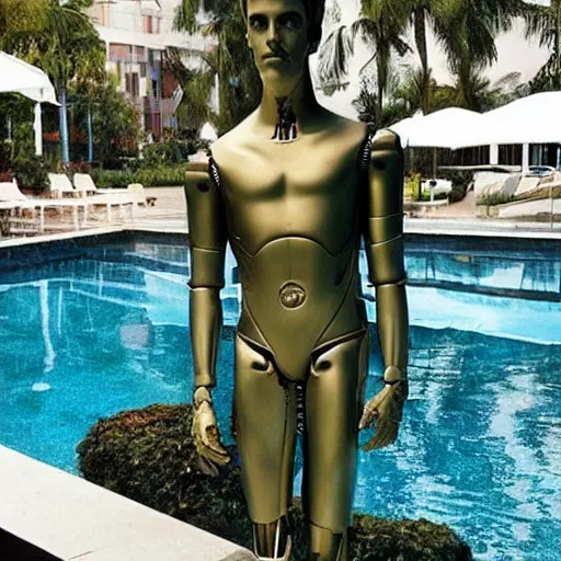 Prompt: “a realistic detailed photo of a guy who is an attractive humanoid who is half robot and half humanoid, who is a male android, actor Grant Gustin, shiny skin, posing like a statue, blank stare, by the pool, on display”