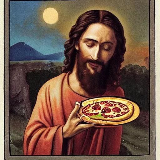 Image similar to Jesus eating pizza