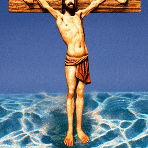 Prompt: jesus on his cross swimming in a pool