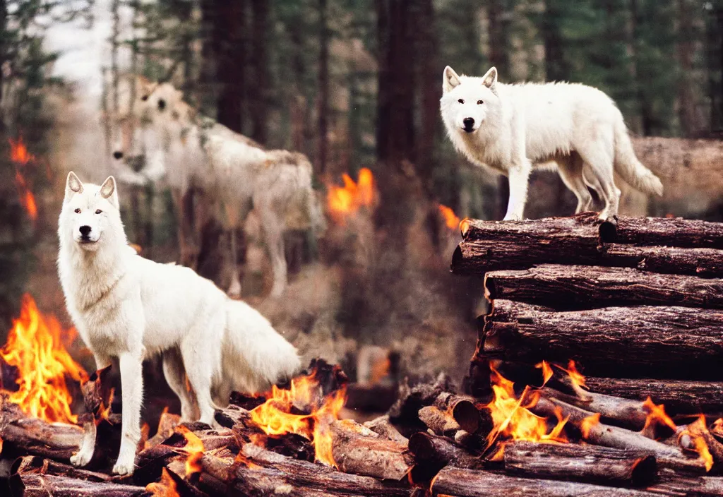 Image similar to lomo photo of a white wolf in front of a burning log cabin, cinestill, bokeh, out of focus
