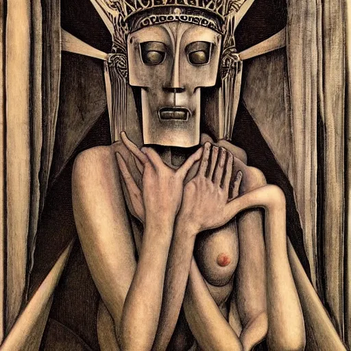 Prompt: weeping robot wearing the bone crown, by Annie Swynnerton and Diego Rivera and Evelyn De Morgan, symbolist, dramatic lighting, elaborate geometric ornament, god rays, soft cool colors,smooth, sharp focus, extremely detailed, Adolf Wölfli