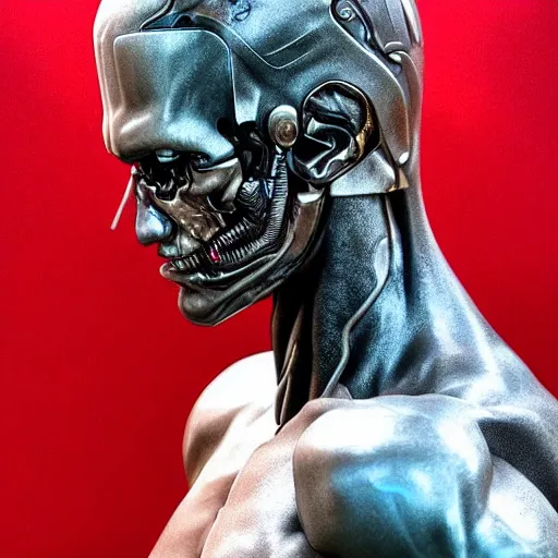 Image similar to “a realistic detailed photo of a guy who is the terminator, who is a male android, Bryce Hall, shiny skin, red eyes, posing like a statue, blank stare”