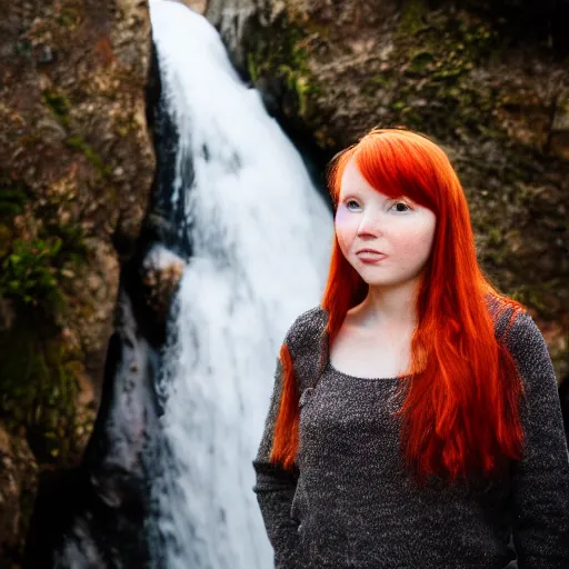 Prompt: portrait photo of a red head girl, in a mountain, f/5.6, 1/100, ISO 300