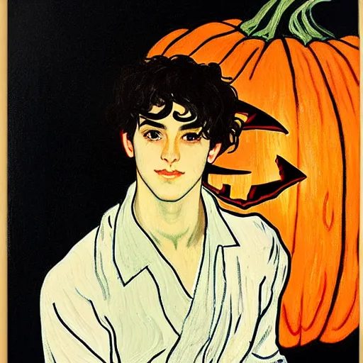 Image similar to painting of young cute handsome beautiful dark medium wavy hair man in his 2 0 s named shadow taehyung at the halloween pumpkin jack o'lantern party, depressed, melancholy, autumn, japan, elegant, clear, painting, stylized, delicate, soft facial features, delicate facial features, soft art, art by alphonse mucha, vincent van gogh, egon schiele