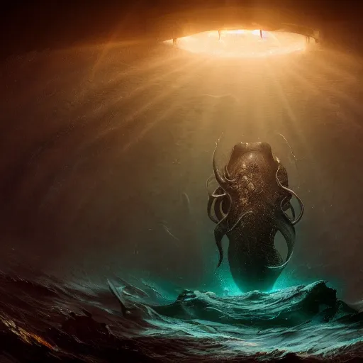 Prompt: a huge eldritch underwater sea monster illuminated by a small submarine spotlight in the depths by Marek Okon, god rays, fantasy art, 4k, HDR, photorealistic, 8k, trending on artstation