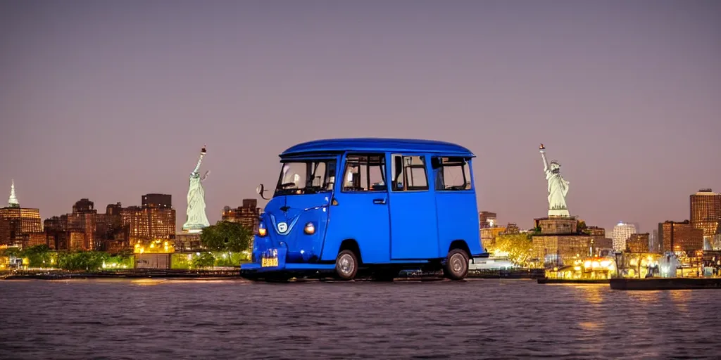 Prompt: a lonely blue tuk tuk with the statue of liberty in the background, night