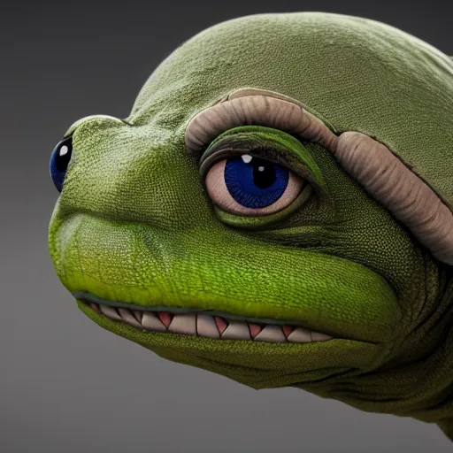 Image similar to a sadge - sad - pepe - the - turtle - ninja, looking more depressed than usual, quivering lips, fists in the air, sweat flying, cgi render, zbrush, octane, keyshot render