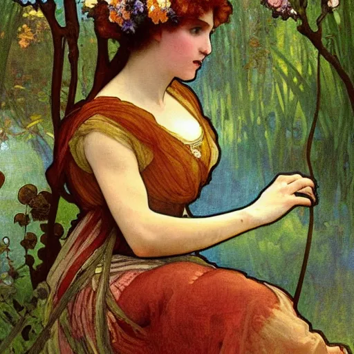 Image similar to X a renaissance painting of a beautiful female with a beautiful face by Alfons Mucha, full body, sitting in a forest, super high detail, gold jewelry, jugendstil, 4k, bright color scheme