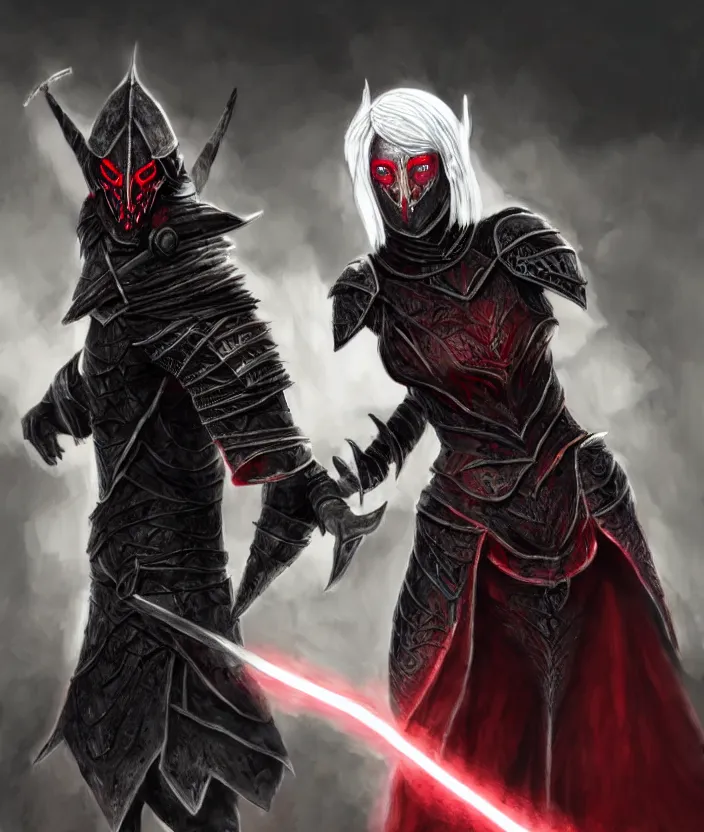 Image similar to Member of the Morag Tong and a member of the Dark Brotherhood team up against a Dark Elf in Daedric armor with white hair and glowing red eyes, Hyper realism, glow, runes, magic, morrowind, Oblivion, Skyrim, dark, gloomy