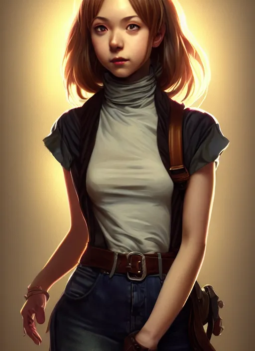 Image similar to portrait of a full body of beautiful young female detective, d & d, sleeveless turtleneck, fantasy, flat lighting, intricate, highly detailed, digital painting, artstation, concept art, smooth, sharp focus, illustration, misa amane, art by simon bisley and greg rutkowski and alphonse mucha, natural tpose