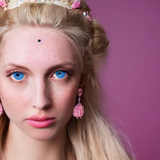 Image similar to close up headshot of a princess with long blonde hair and light blue eyes wearing a strapless elaborately beaded pink dress, high resolution film still, 8k, HDR color, film by Simon Langton and David Frankel, triangular face, slight freckles, round narrow chin, straight jawline, natural pink lips, cheekbones