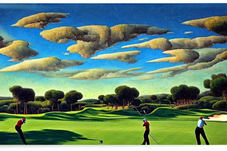 Image similar to Three golfers on a beautiful golf course, wonderous could formations in sky, by Diego Rivera