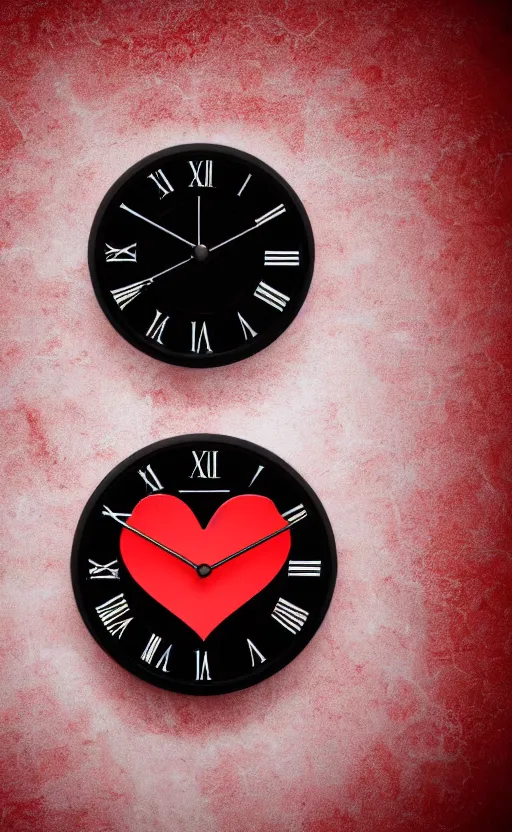 Image similar to a melting Roman numeral clock, behind a red and black gradient background, awith a black heart shaped on the top left corner and a black diamond card shape in the bottom right corner, dynamic lighting, photorealistic fantasy concept art, trending on art station, stunning visuals, cinematic, creative, ultra detailed