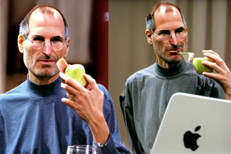 Prompt: steve jobs eating apple while there is a cat behind him