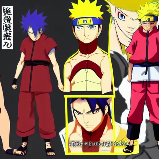 Image similar to Fusion of Naruto Uzumaki from the anime Naruto and Dante from the game Devil May Cry in the style of Araki Hirohiko, character design sheet