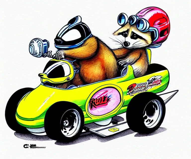 Prompt: cute and funny, racoon wearing a helmet riding in a tiny top fuel dragster funny car, ratfink style by ed roth, centered award winning watercolor pen illustration, isometric illustration by chihiro iwasaki, edited by range murata
