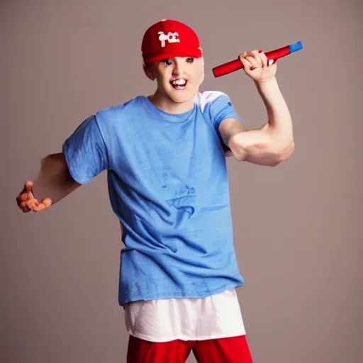 Image similar to a portrait of an average white teenage boy with blue colored hair, wearing a red backwards cap, white t - shirt with a red no symbol on it, blue long pants and red shoes, holding a microphone, studio lighting, photoshoot, grey background