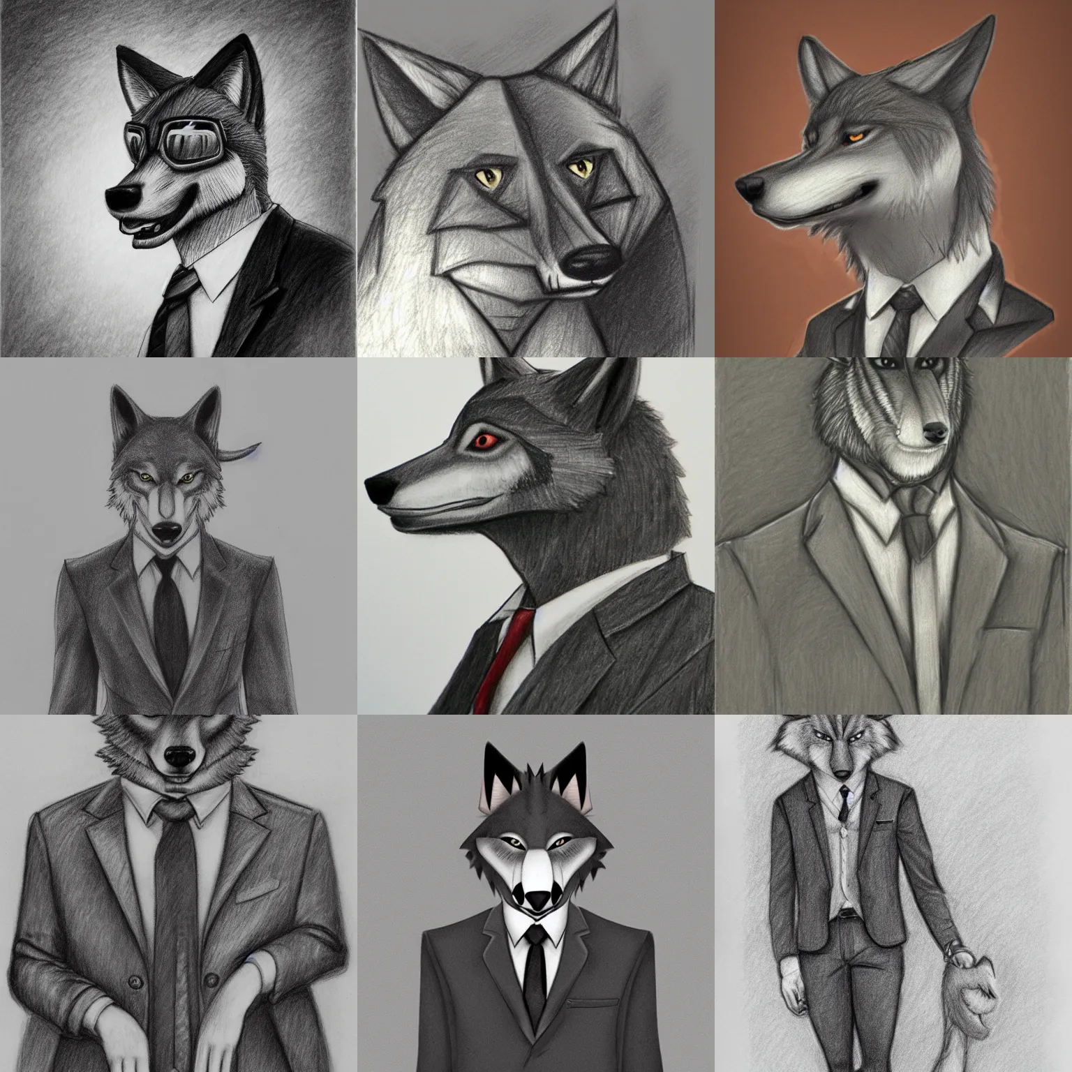 Prompt: pencil drawing portrait of the anthro male anthropomorphic wolf fursona animal person detective wearing suit and tie