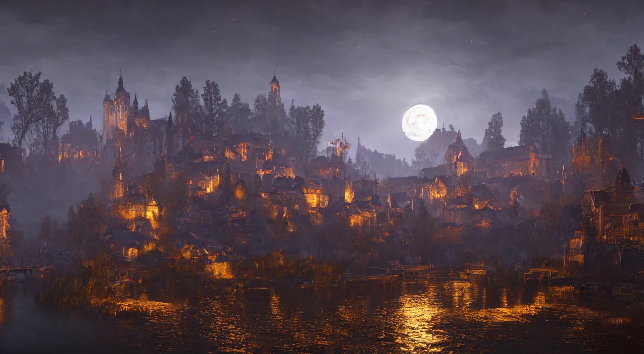 Image similar to A oil painting of a medieval city on the edge of a lake, illuminated by moonlight in the evening.The Witcher 3: Wild Hunt.elden ring.4k