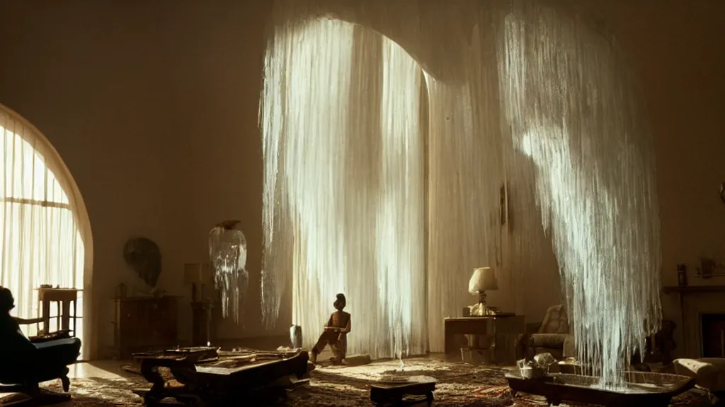 Image similar to a giant hand made of wax and water floats through the living room, film still from the movie directed by Denis Villeneuve with art direction by Salvador Dalí, wide lens