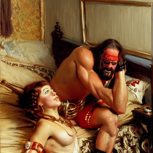 Image similar to macho man randy savage ring gear is in his bed, nervous and terrified, because miss elizaneth from hell is attacking him. highly detailed painting by gaston bussiere, j. c. leyendecker, greg rutkowski, craig mullins 8 k