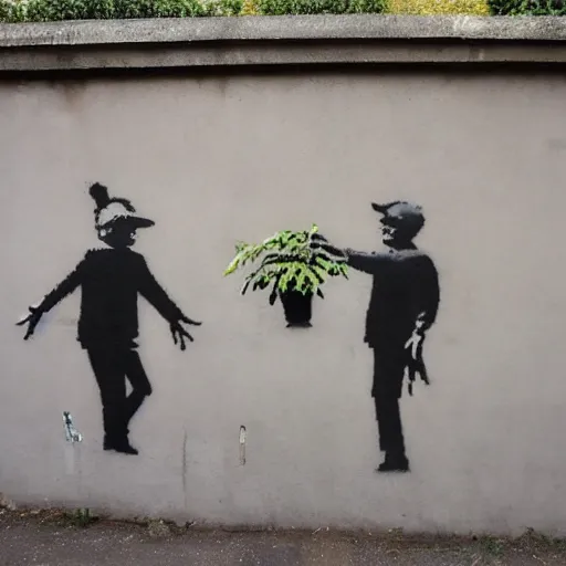 Prompt: a banksy mural of bill and ben the flowerpot men