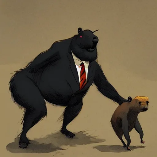 Prompt: an antropomorphic capybara using a black suit! by atey ghailan, by greg rutkowski, by greg tocchini, by james gilleard, by joe fenton, by kaethe butcher, grunge aesthetic!!!