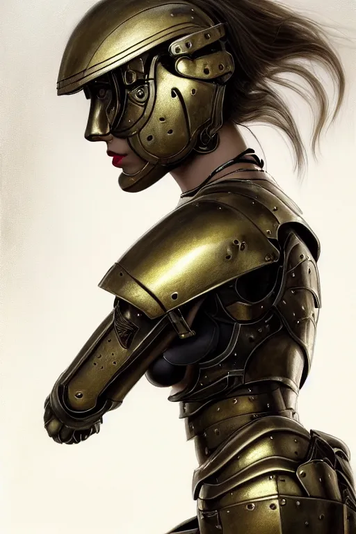 Image similar to a photorealistic painting of an attractive young girl, partially clothed in metal-plated battle armor, olive skin, long dark hair, beautiful bone structure, symmetrical face, perfect eyes, intricate, elegant, digital painting, concept art, illustration, sharp focus, minimal artifacts, volumetric lighting, from Metal Gear, in the style of Ruan Jia and Mandy Jurgens and Greg Rutkowski, trending on Artstation, award winning