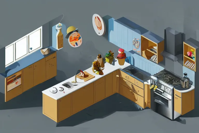 Prompt: cute kitchen, refrigerator, sink, isometric art, bright, artstation, highly detailed, cinematic lighting + masterpiece