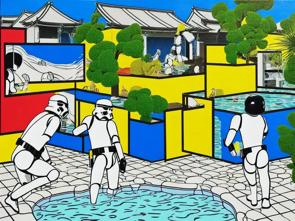 Image similar to hyperrealism composition of the japanese house with a hot springs in the garden, two detailed stormtroopers bathe in a hot spring, pop - art style, jacky tsai style, andy warhol style, roy lichtenstein style, round canvas, acrylic on canvas