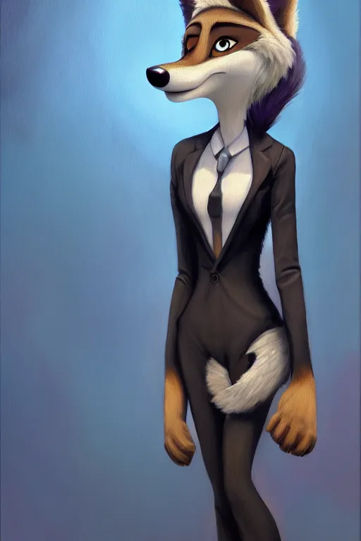 Image similar to oil painting of anthromorphic female wolf, in style of zootopia, female fursona, furry, furaffinity, 4 k, deviantart, furry art, fursona art, wearing black business suit, business suit, wolf fursona, female, smug expression,