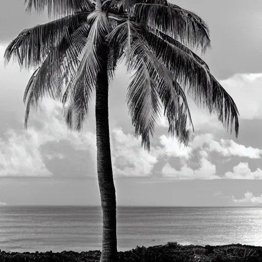 Image similar to miracle musical Hawaii part ii album cover, showing an ocean in the background, spiral transparent stairs on the left with tall palm trees behind it, a slight rainbow in the background, white outline border, moon in the right top area black and white