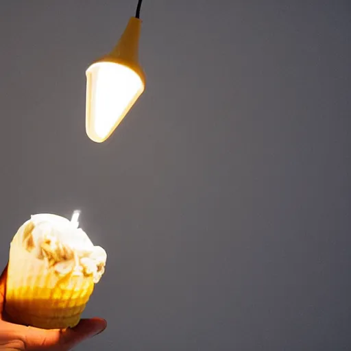 Prompt: a glowing, levitating ice cream cone with semitransparent ice cream containing a tungsten filament