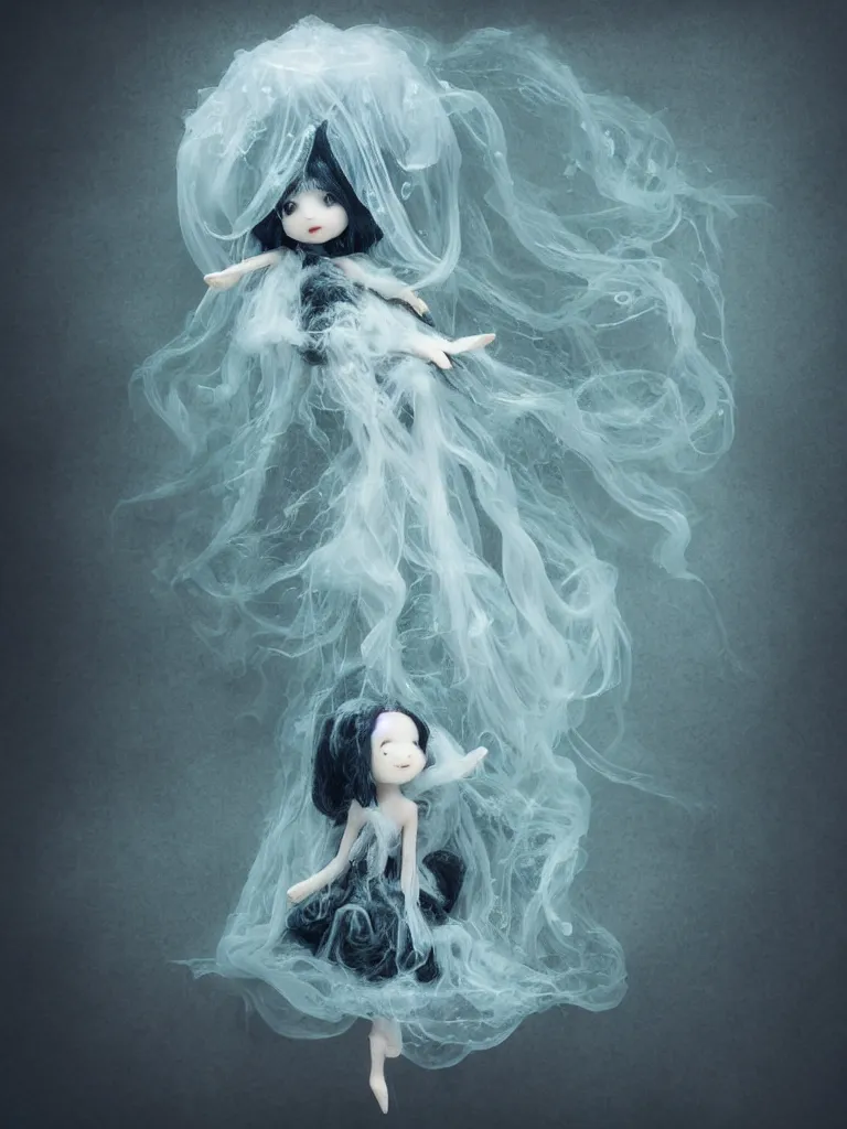 Prompt: cute fumo plush doll of an otherworldly translucent jellyfish goth maiden girl floating in the deep sea, mysterious tattered black tendrils and dress, glowing wraith girl, wisps of volumetric fog and smoke in vortices, vignette, bokeh, vray