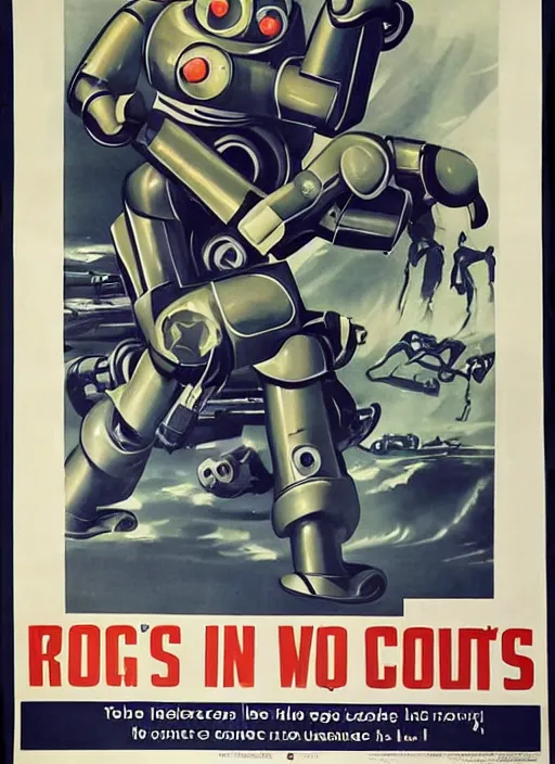 Prompt: wwii propaganda poster about robots attacking