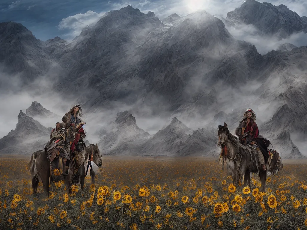 Image similar to a portrait of the mighty helianthus people, a nomadic mongolian tribe that worship the sunlight and have the ability to fly, they dwell a vast barren valley full of dry withered sunflowers, with a glacier mountain peaking through fog in the distance, by Greg Rutkowski, Sung Choi, Mitchell Mohrhauser, Maciej Kuciara, Johnson Ting, Maxim Verehin, Peter Konig, Bloodborne, macro lens, 35mm, 8k photorealistic, cinematic lighting, HD, high details, atmospheric