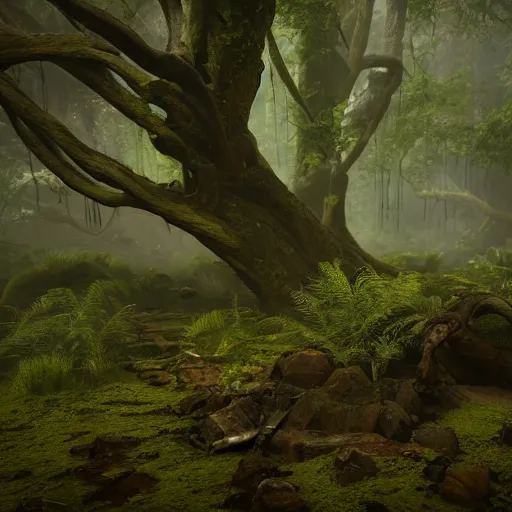 Image similar to Lush otherworldly woodlands with ancient mechanical ruins. Octane & Unreal Engine 4 & f1.4 Photography.