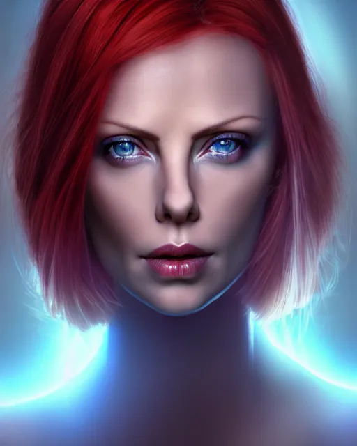 Prompt: perfect red haired attractive goddess with blue eyes, beautiful, symmetric, dreamy, pretty face, charlize theron, detailed, scifi platform, laboratory, experiment, 4 k, ultra realistic, epic lighting, illuminated, cinematic, masterpiece, art by sakimi chan