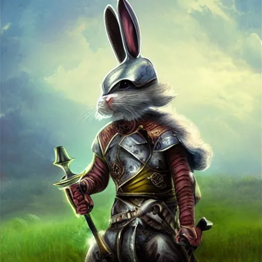 Image similar to bunny with helmet and sword, fantasy art, matte painting