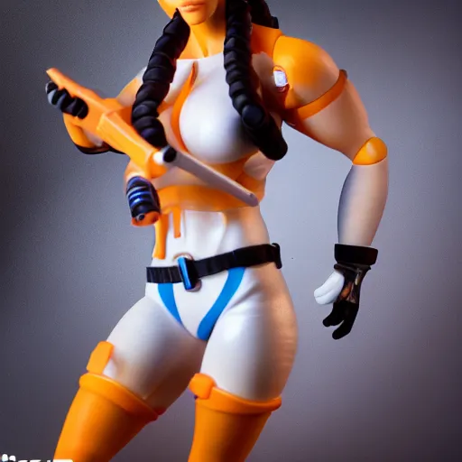 Prompt: chell from portal, actionfigure, studio lighting, product shoot