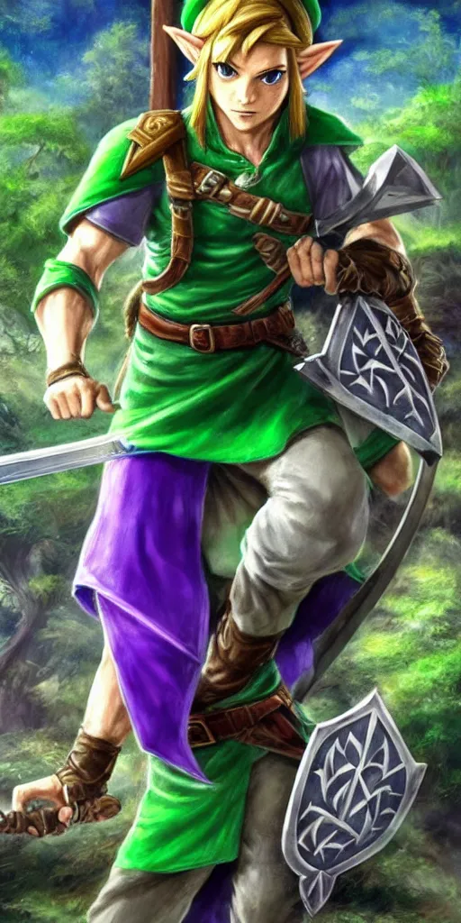 Image similar to link dressed in traditional green tunic and cap, holding the master sword and hylian shield in each hand, in dynamic fighting pose, clear detailed face with focused expression, mystical forest background, dark skies, green purple blue pink iridescent color scheme, intricately detailed, finely textured, cgsociety