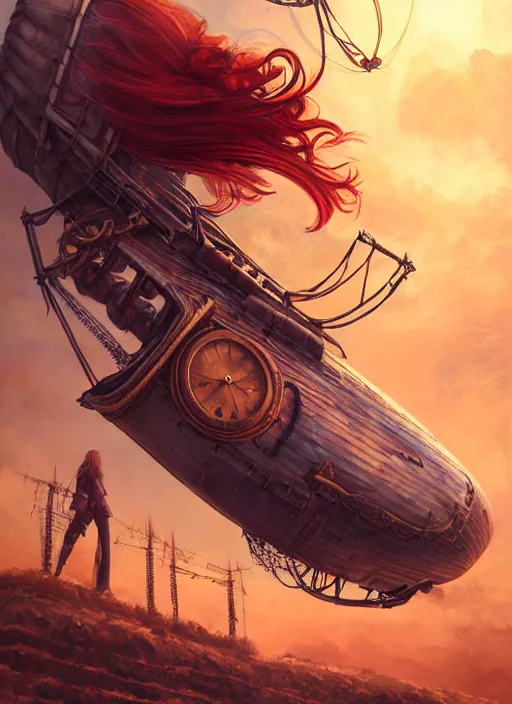 Prompt: portrait painting of a handsome face rugged long hair crimson hair male captain, top half portrait soft hair steampunk ornate mechanical zeppelin airship in the background sky sunset golden hour fantasy rugged book cover art atmospheric lighting art by mullins rutkowski bussiere